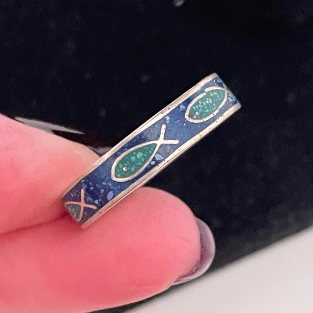 Vintage Jesus Fish Enamel Silver Tone Mermaid Core Summer Beach Religious Ring